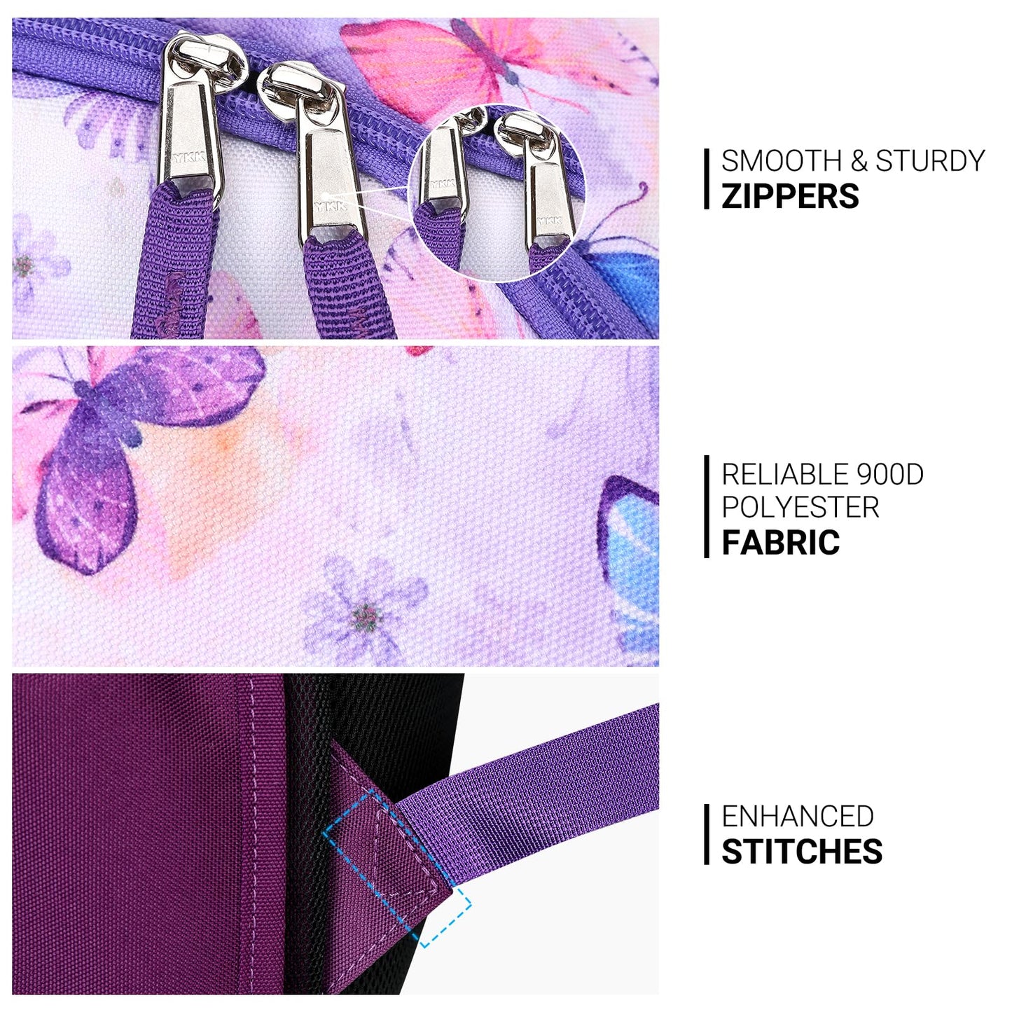 ZORFIN Backpack for School, Travel: Bookbag for Girls Boys - Kids Backpack with Multi Compartments - Butterfly Purple