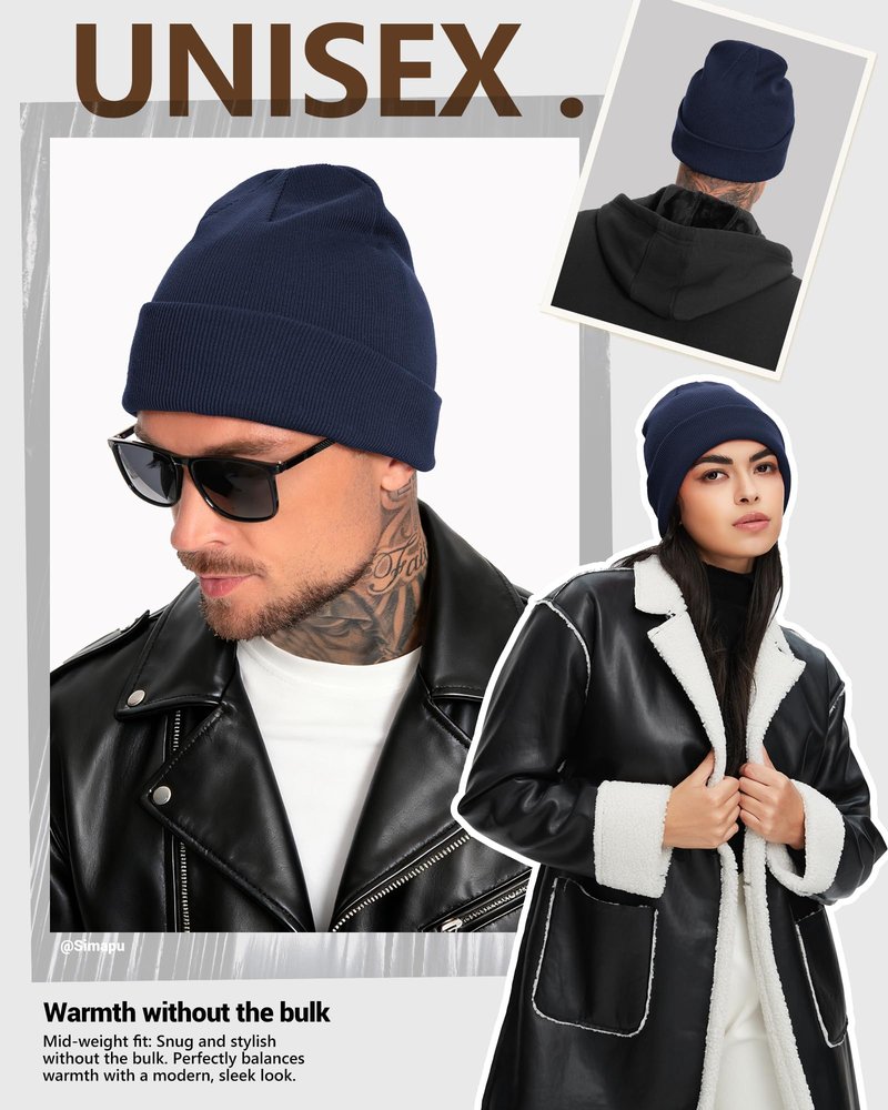 Simapu Winter Fleece Lined Beanie for Men Women, 100% Cotton Knit Thick Warm Beanies Hat, Cuffed Fisherman Hats Ski Skull Cap Navy Blue