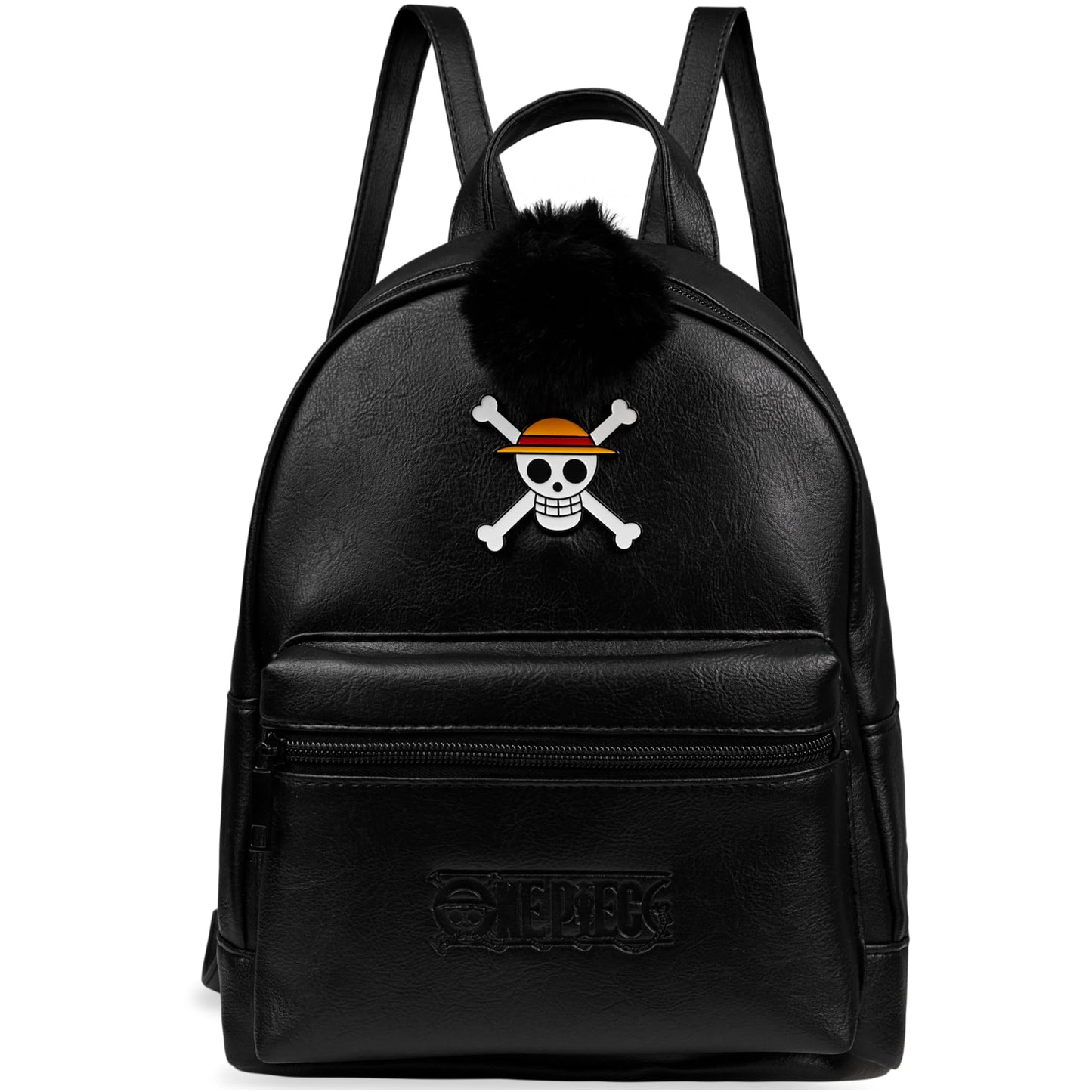 One Piece Mini Backpack for Women Teens Faux Leather Daypack, Small Rucksack, Anime Shoulder Bag with Pom Pom, Travel Gifts for Women