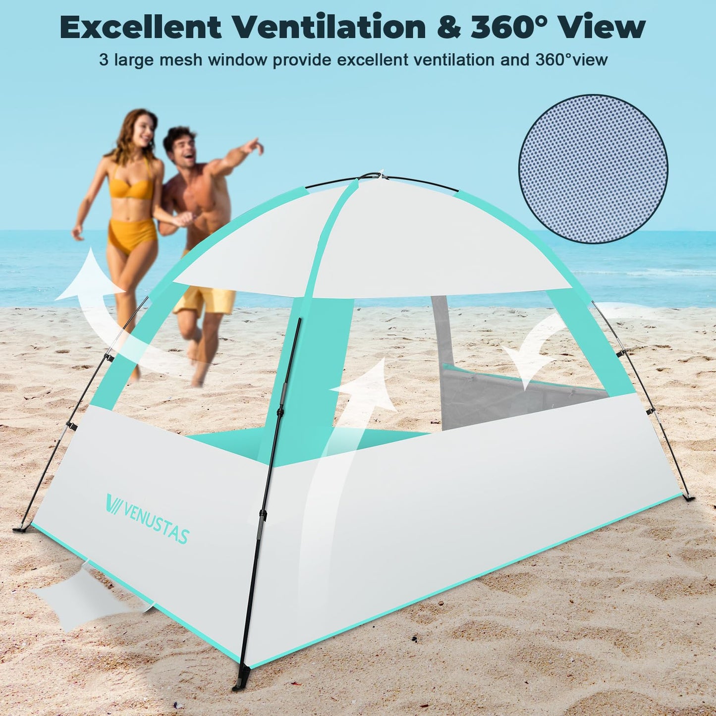 Venustas Beach Tent Sun Shelter for 3/4-5/6-7/8-10 Person, UPF 50+ UV Protection Beach Canopy, Lightweight and Easy Setup Cabana, Portable Beach Shade Tent