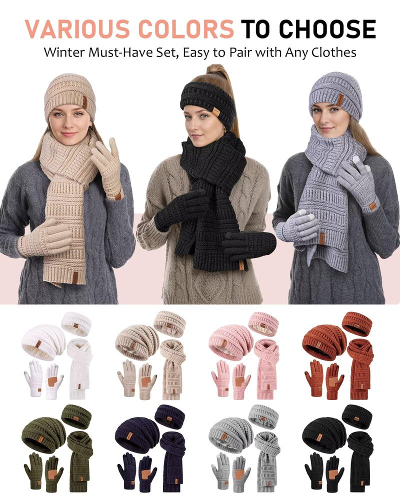 Womens Winter Beanie Hat Scarf Gloves Headband Set, Slouchy Beanie Ear Warmer with Fleece Lined Thick Knit Neck Scarf Touchscreen Gloves, 4 Piece Fashionable Warm Gift Set for Cold Weather(Navy)