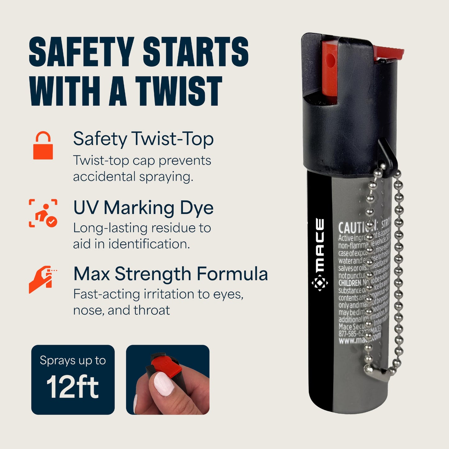 Mace Pepper Spray - Twist Lock Model, 0.63 oz, 12 Feet Range, Max Police Strength, Long Lasting UV Dye, Leakproof Design, Self Defense Pepper Spray for Women & Men - Gray