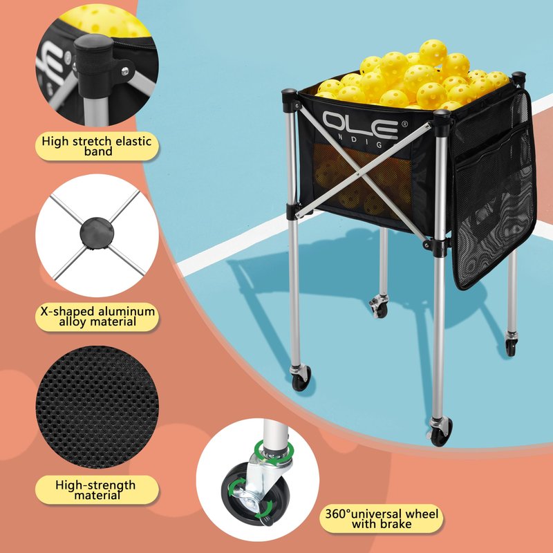 OLE ANDIGO Pickleball Cart Portable Tennis Balls Hopper,Holds 180 Pickleballs or 210 Tennis Balls,Pickle Ball Equipment,Ball Caddy with Wheels for Pickleball Player Training