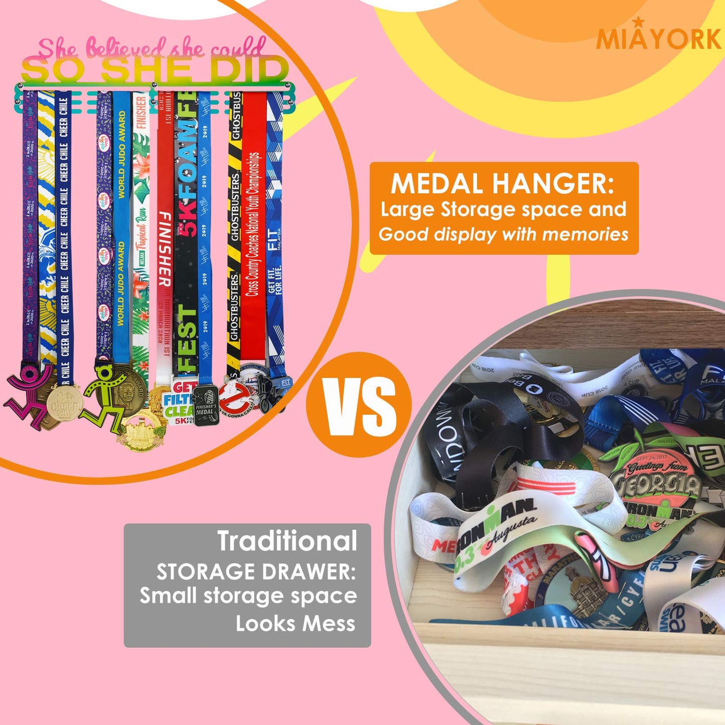 Miayork Medal Holder Display Hanger Rack She Believed she Could SO SHE DID Medal Hanger Display -Wall Mount Easy to Install Runner Medal Hanger Display