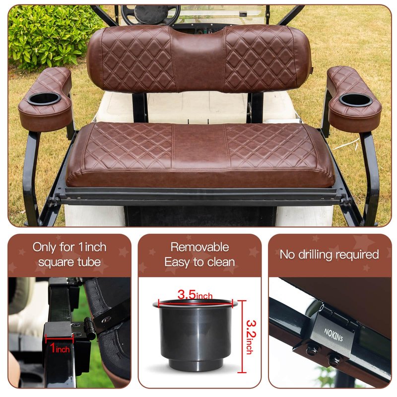 NOKINS Golf Cart Armrest with Cup Holder for EZGO/Club Car/Yamaha, No Drilling Required, Golf Cart Flip Hinged Armrest for Rear Seat with 1 inch Square Tube Frame (Brown&Brown 8438)