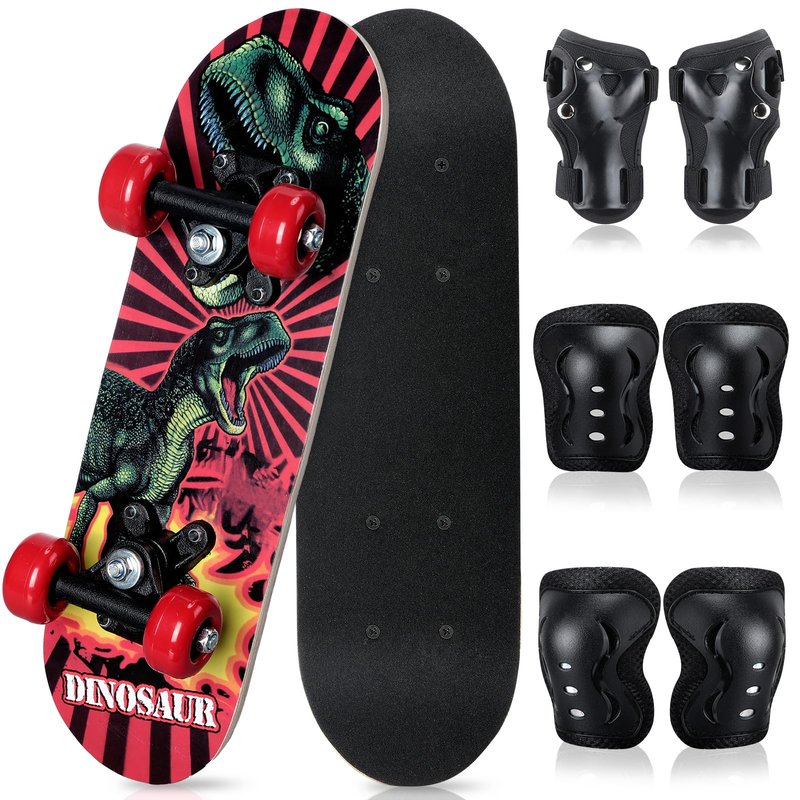 Honoson 7 Pcs Skateboard for Toddlers Beginners Knee Elbow Pads Wrist Guards Gear Set (Dinosaur, Age 2-5 Kids 17 x 5'')