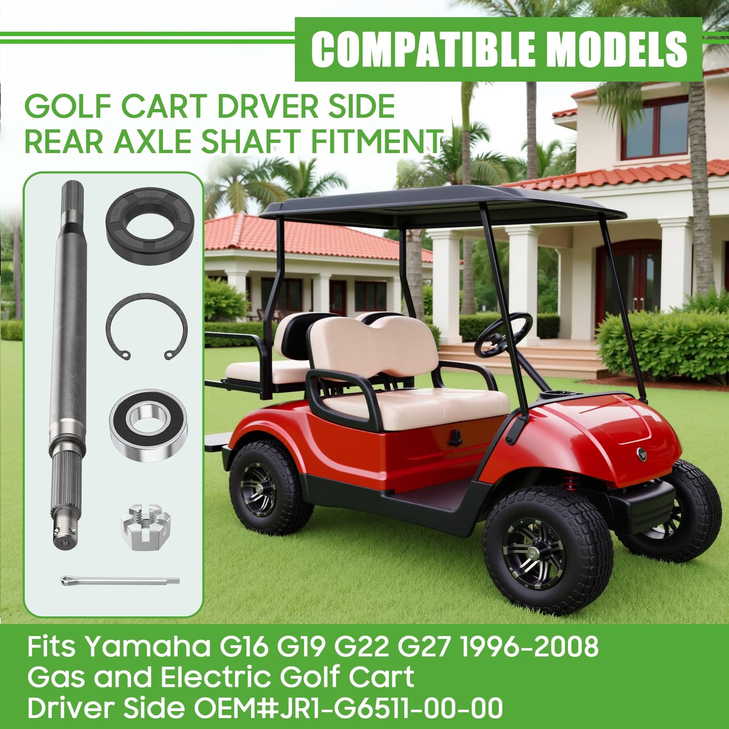 10L0L Golf Cart Rear Spline Axle Shaft for Yamaha G16 G19 G22 G27 (1996-2008) Models, Driver Side (Short) OEM# JR1-G6511-00-00