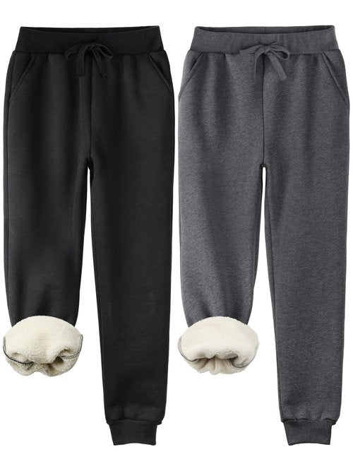 2 Pack Fleece Lined Sweatpants Women, Sherpa Lined Joggers Women Pants with Pockets Winter Warm Athletic Sweatpants Set A L Black, Dark Gray