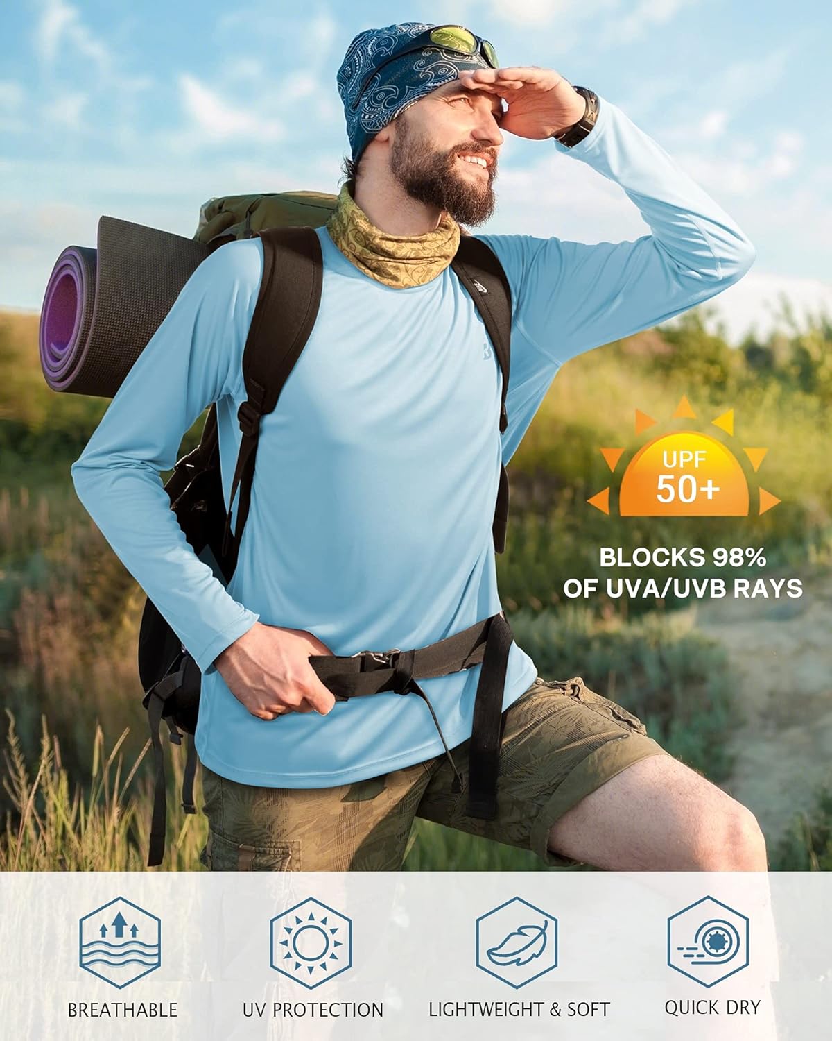 Roadbox Men's UV Sun Protection Shirt - UPF 50+ Long Sleeve SPF Rash Guard for Outdoor Activities