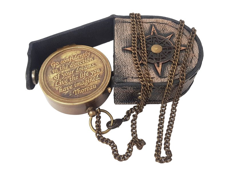 Hanzla Collection - Brass Compass Engraved with Thoreau's Go Confidently Quote and Stamped Leather Case, Boys Gifts