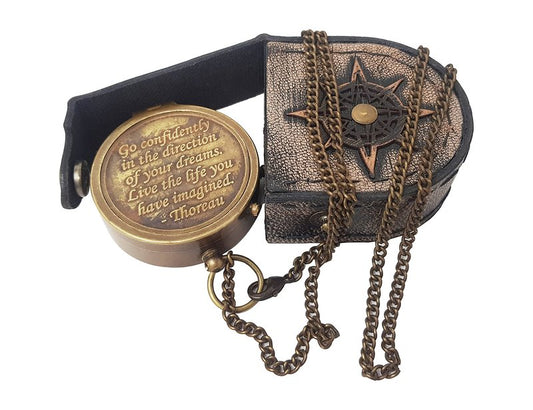 Hanzla Collection - Brass Compass Engraved with Thoreau's Go Confidently Quote and Stamped Leather Case, Boys Gifts