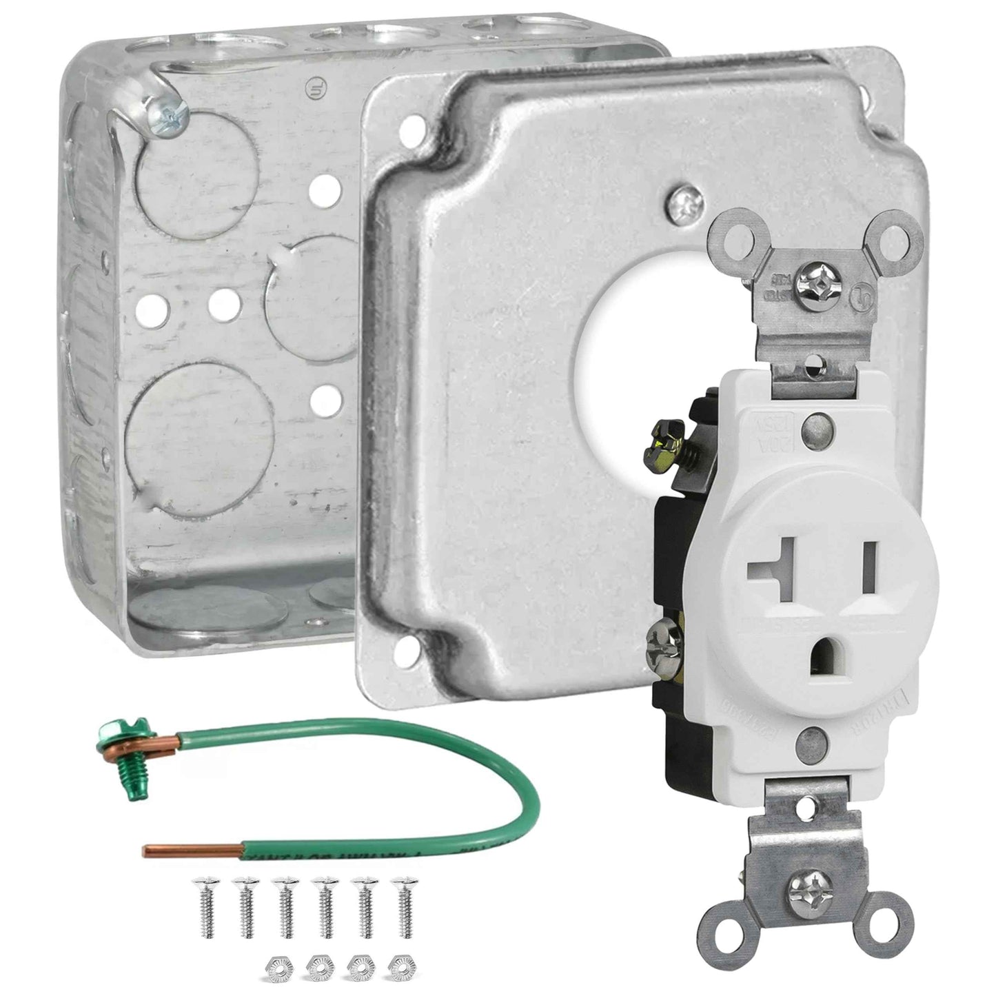 Outlet Box Kit, Includes 4x4'' Drawn Metal Electrical Box, 2 Tamper Resistant 20 Amp Duplex Receptacle Outlets, Duplex Receptacle 4x4'' Cover, Sixteen Knockouts (Single Receptacle Kit)