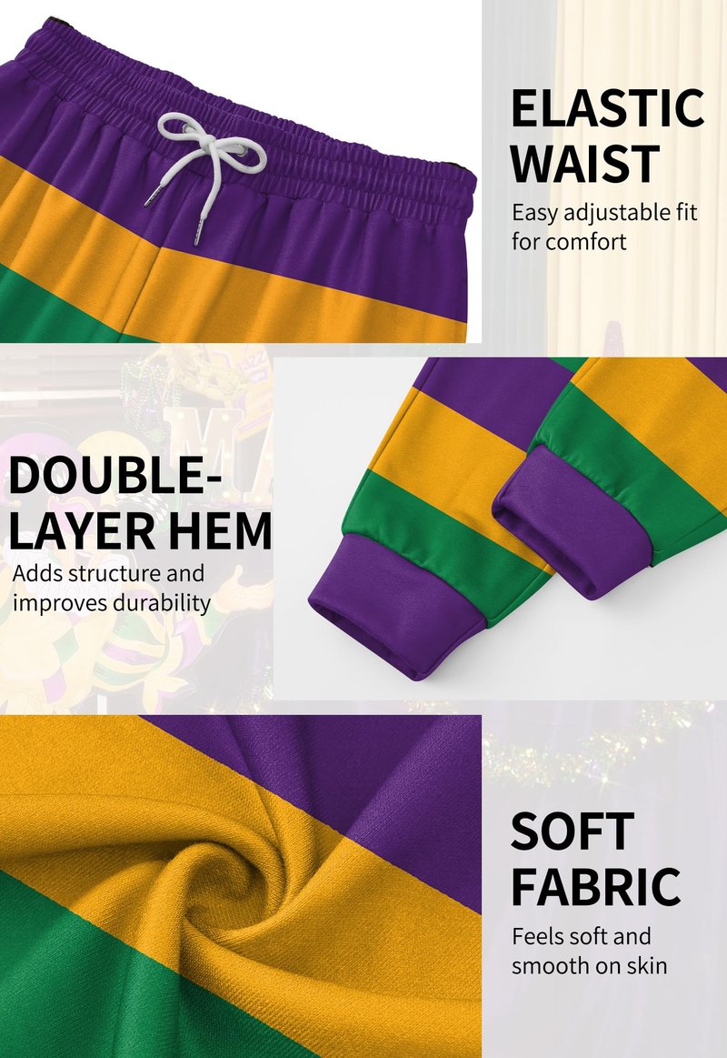 Arvilhill Men Mardi Gras Pants Funny Parade Purple Gold Green Party Sweatpants Fat Tuesday Casual Drawstring Joggers Striped XL