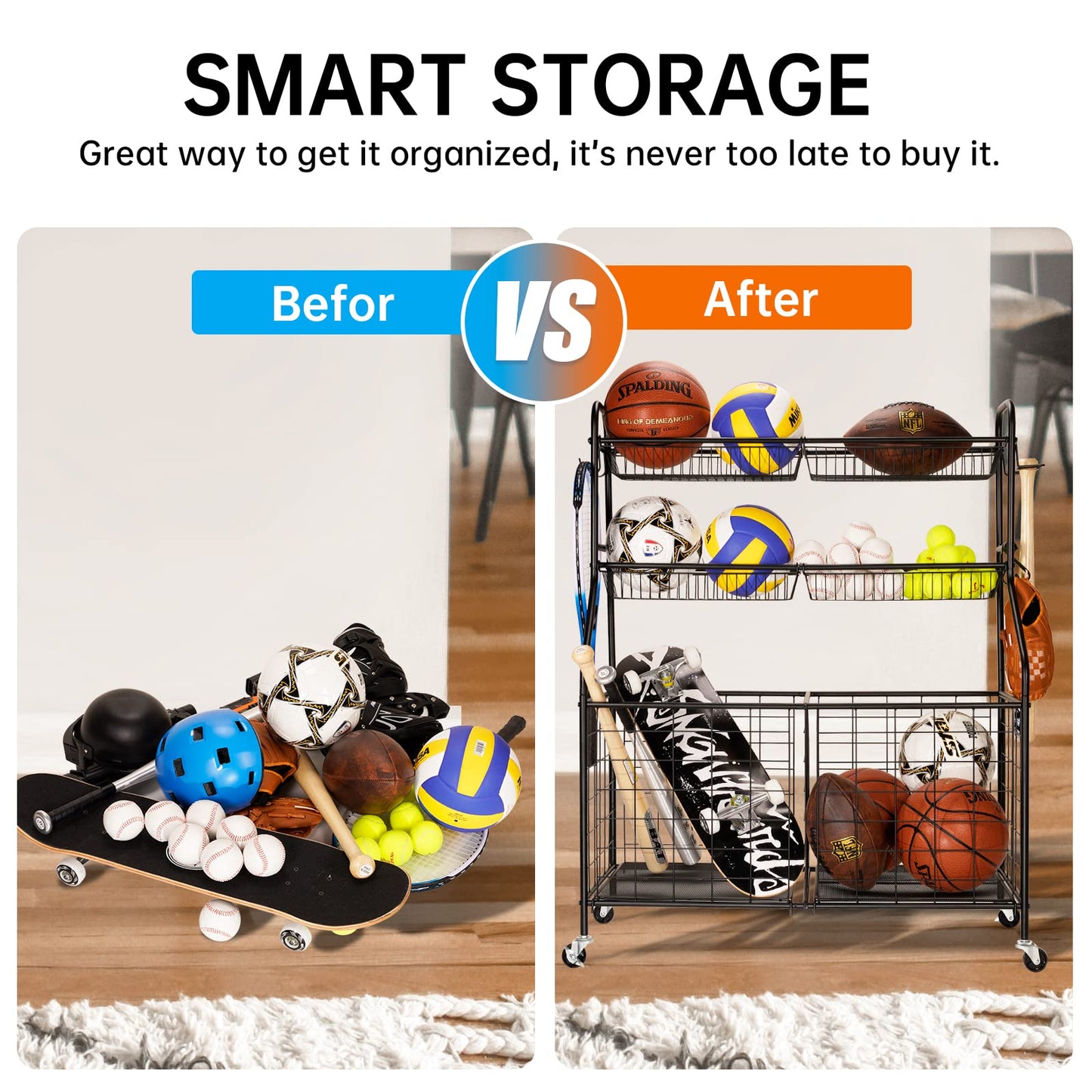 WEYMILA Sport Equipment Organizer for Garage, Steel Basketball Rack with Baseball Bat Holder and Hooks, Easy Assembly Storage for Balls, Kids' Toys, and Workout Gear in Basement, Home Gym, Outdoor