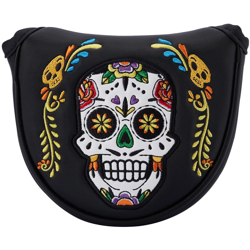 Gbourly Black Golf Club Colorful Skull Skeleton Mallet Putter Head Cover Magnetic Closure Heel Shafted Satin Pattern PU Leather Headcover