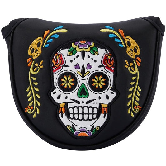 Gbourly Black Golf Club Colorful Skull Skeleton Mallet Putter Head Cover Magnetic Closure Heel Shafted Satin Pattern PU Leather Headcover