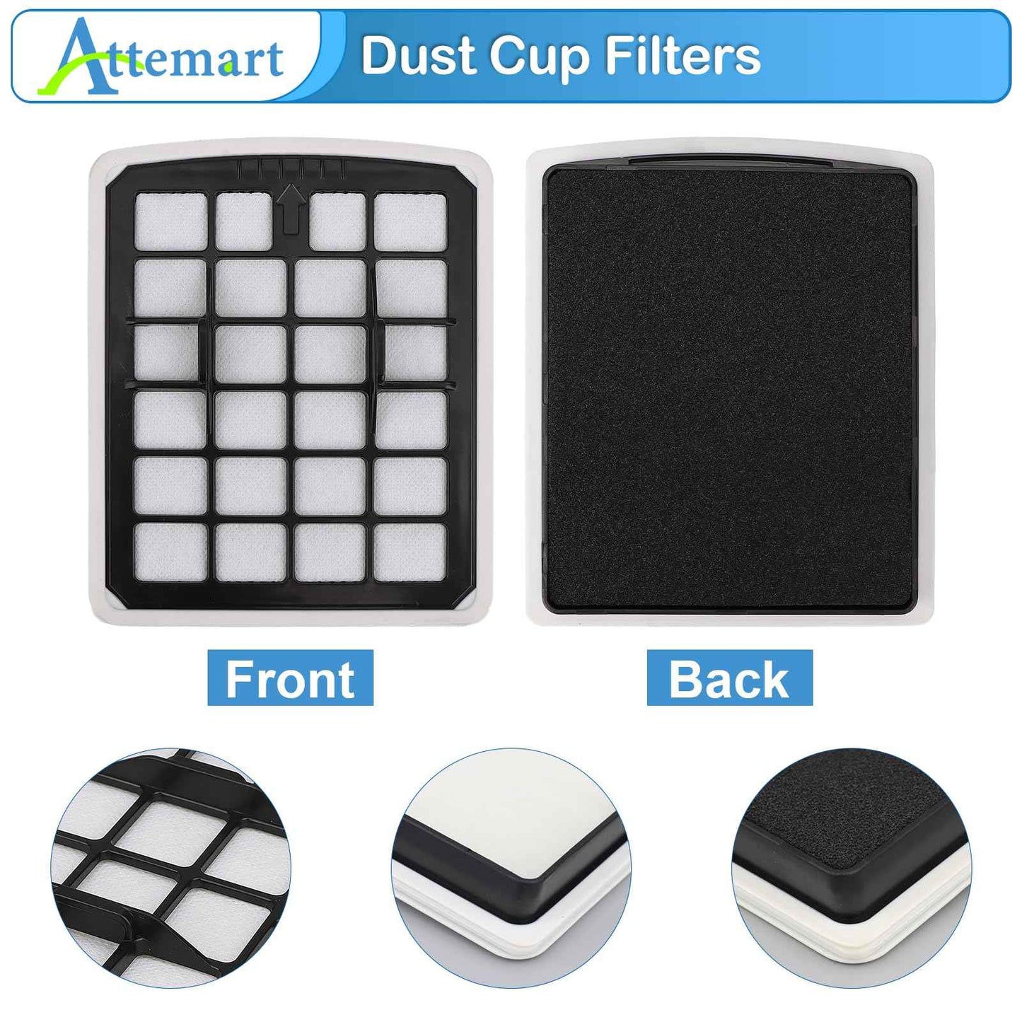 Attemart Replacment Filter Compatible with Eureka NEN186BL NEN180 Bagless Canister Vacuum Cleaner Replacement Parts, 2 Filters & 2 Dust Cup Filters Element, 4 Pack