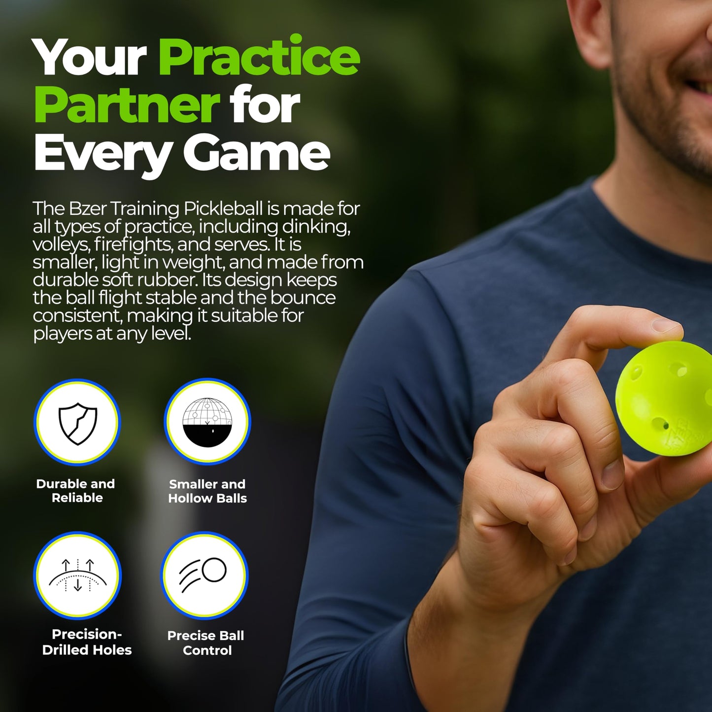 BZER Quiet Pickleball Balls – Mini Pickleballs Silent Rubber Training Ball - Set of 3 for Indoor Outdoor Play, Soft Tiny Practice Trainer, Improve Focus, Boost Control, Training Essentials