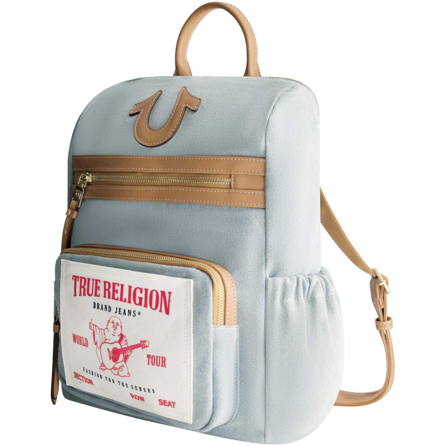 True Religion Backpack, Buddha Patch Bag with Horseshoe Logo and Zip Pocket Travel Bag, Denim