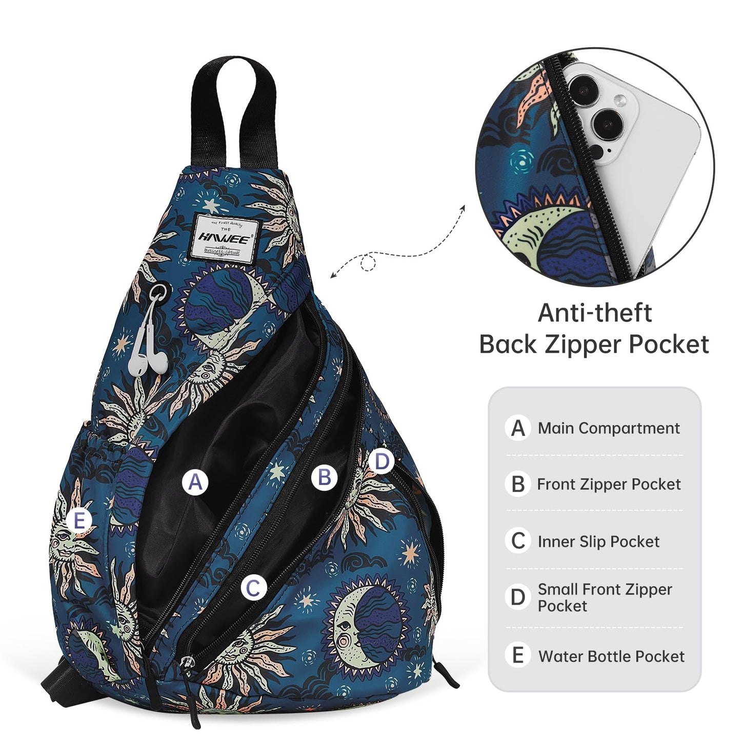 HAWEE Convertible Rope Sling Bag for Women - Water-Resistant Chest Bag & Casual Daypack, Lightweight Crossbody Backpack for Travel, Cycling, Sun and Moon