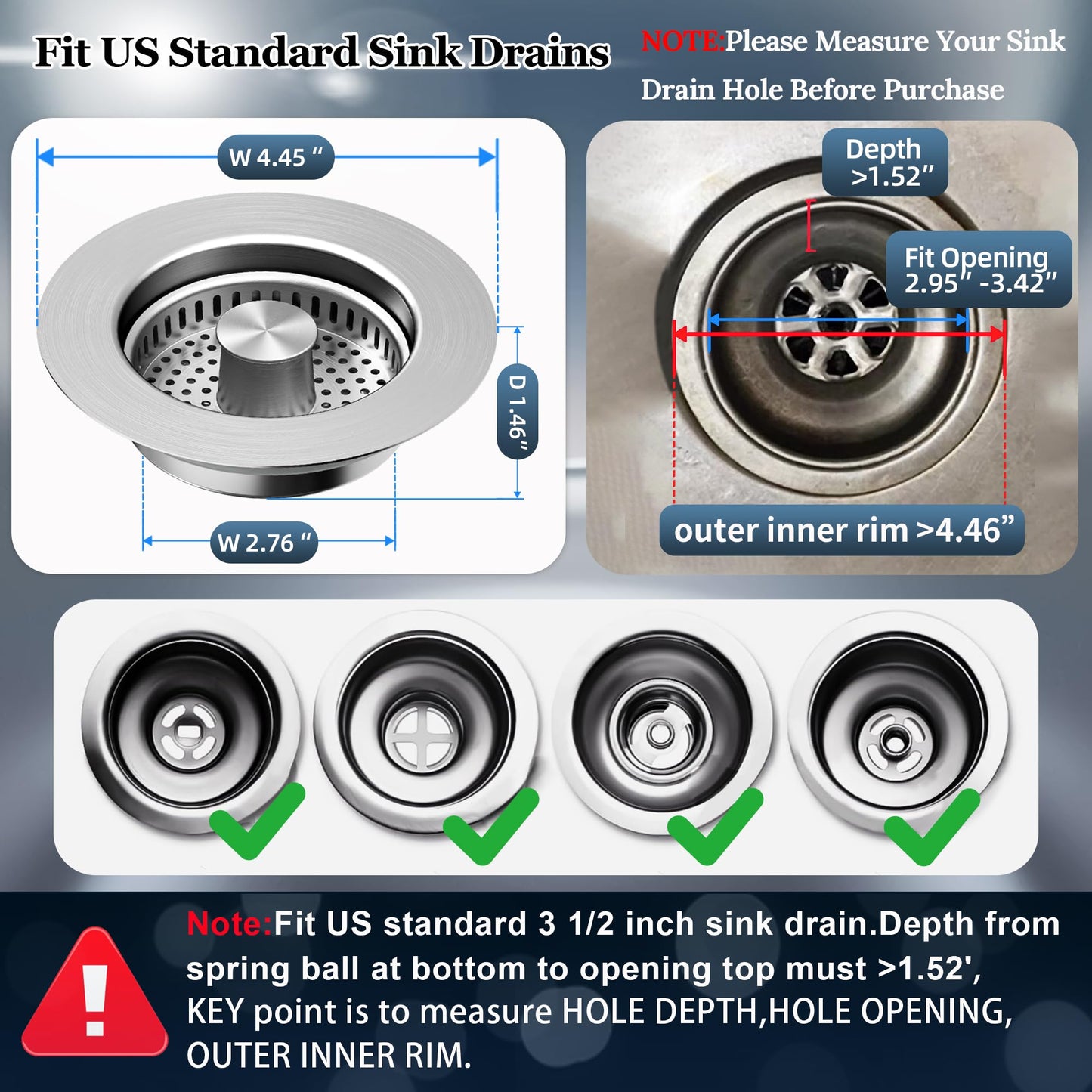 3 in 1 Kitchen Sink Drain Strainer Pop up Sink Stopper,Durability Stainless Steel Anti-Clogging Strainer Basket Odor Prevention Plug Stopper for US Standard 3-1/2” Drain