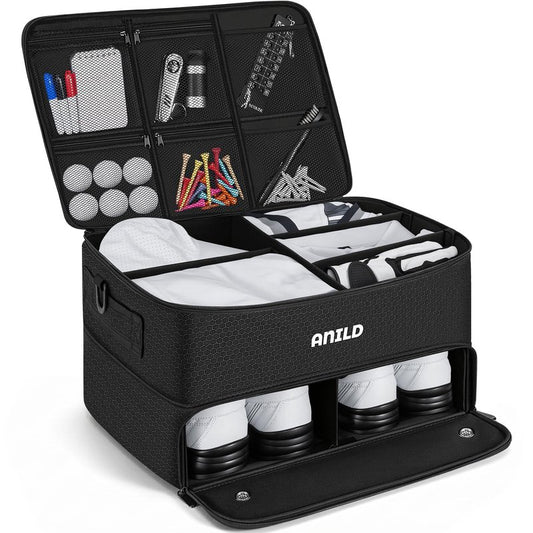 ANILD Golf Trunk Organizer, 2 Layer Golf Storage Case with Separate Ventilated Compartment for 2 Pair Shoes, for Balls, Tees, Clothes, Gloves, Accessories, Golfer Gifts