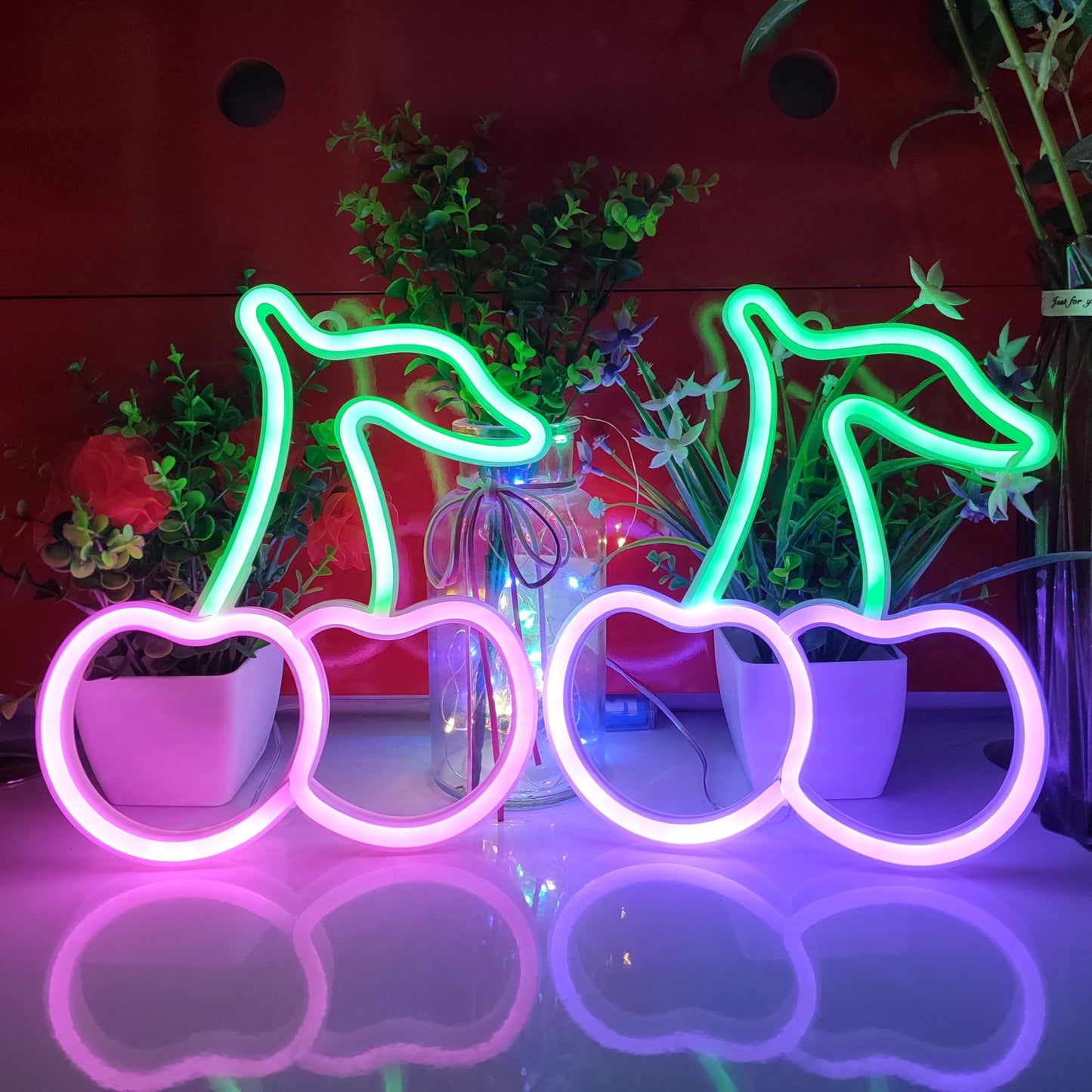 JYWJ Cherry Neon Sign,USB or 3-AA Battery Powered Neon Light,LED Table Decoration,Bedroom Wall Decoration,Birthday Gift,Wedding Supplies Business Gift(Green+Pink)