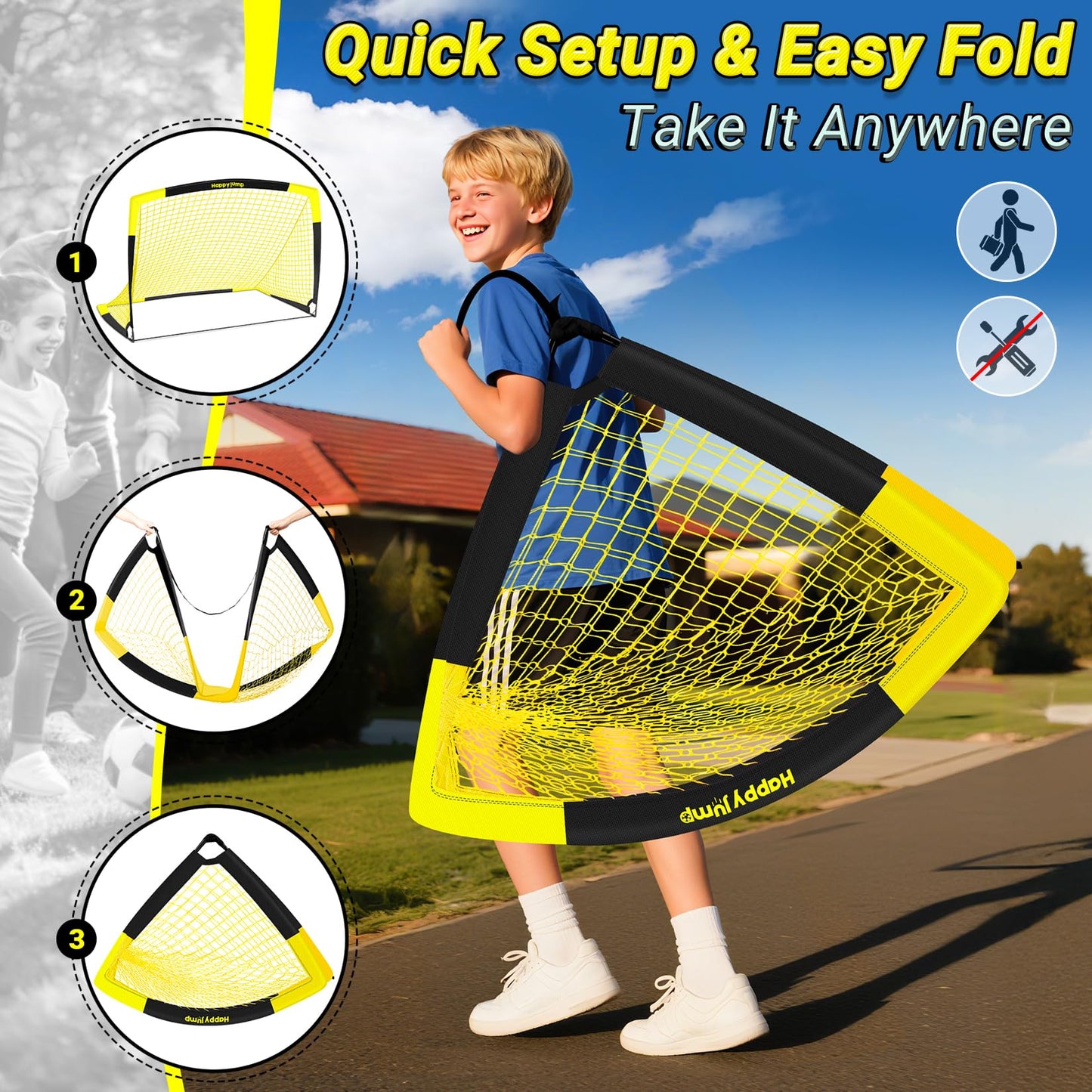 Happy Jump Folding Soccer Goal for Backyard, 2.1 x 1.5 Meters, 1.5 x 1.1 Meters, 1.2 x 0.9 Meters, 0.9 x 0.7 Metres