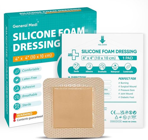General Medi Waterproof Silicone Foam Island Dressing - 10 Sterile 4" x 4" Wound Care Pads | Soft & Highly Absorbent