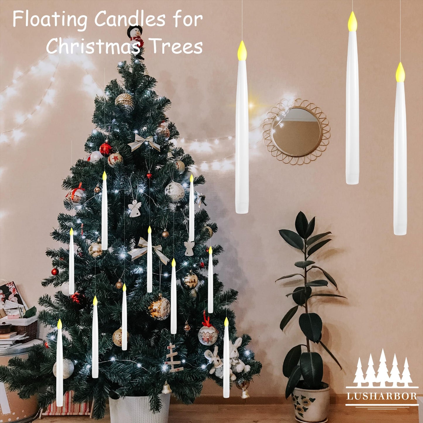 LUSHARBOR Floating Candles with Wand, 10 Pack Halloween Flameless Candles Battery Operated LED Taper Hanging Electric Candle for Christmas Halloween Birthday Party Decor 10.8in