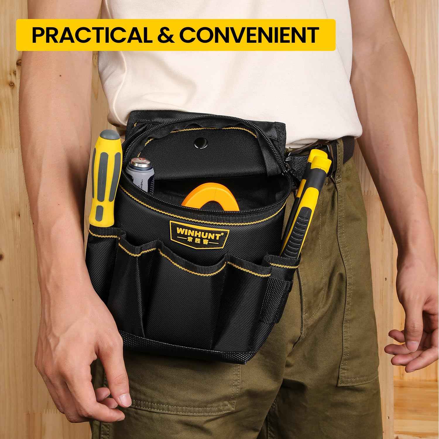 WINHUNT Tool Belt Pouch with Multiple Pockets, Heavy Duty Construction Belt Bag, Black and Yellow, Storage for Electrician Tools
