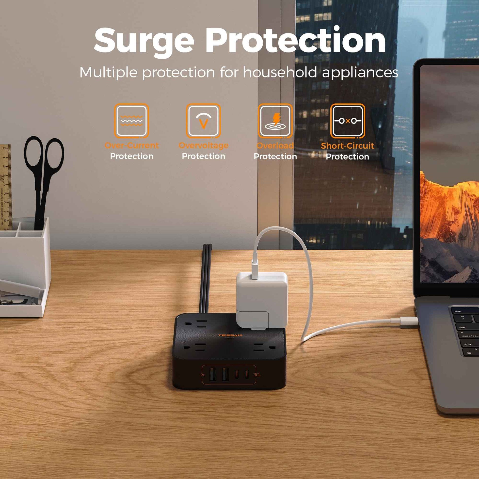 30W USB C Power Strip, TESSAN Fast Charger Surge Protector with 4 Outlet Extender, 6 FT Flat Plug Extension Cord 4 Charger Block Power Delivery (2 USB C) for Office Supplies, Dorm Room Essentials