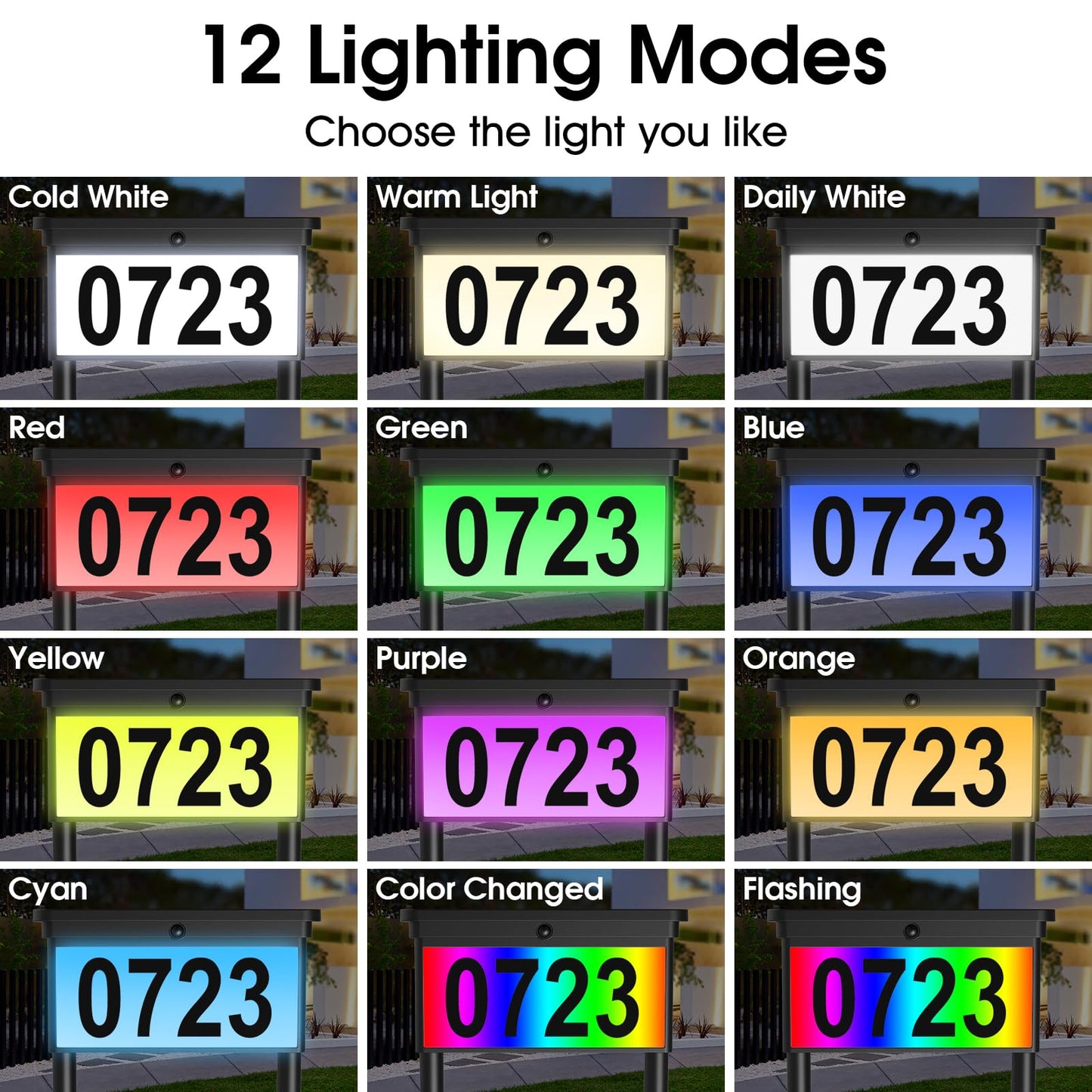 Solar Address Sign, House Numbers for Outside Double Side, 12 Modes Lighted Address Plaque Outdoor Waterproof, Illuminated LED Address Numbers for Yard Home Mailbox, 1 Pack