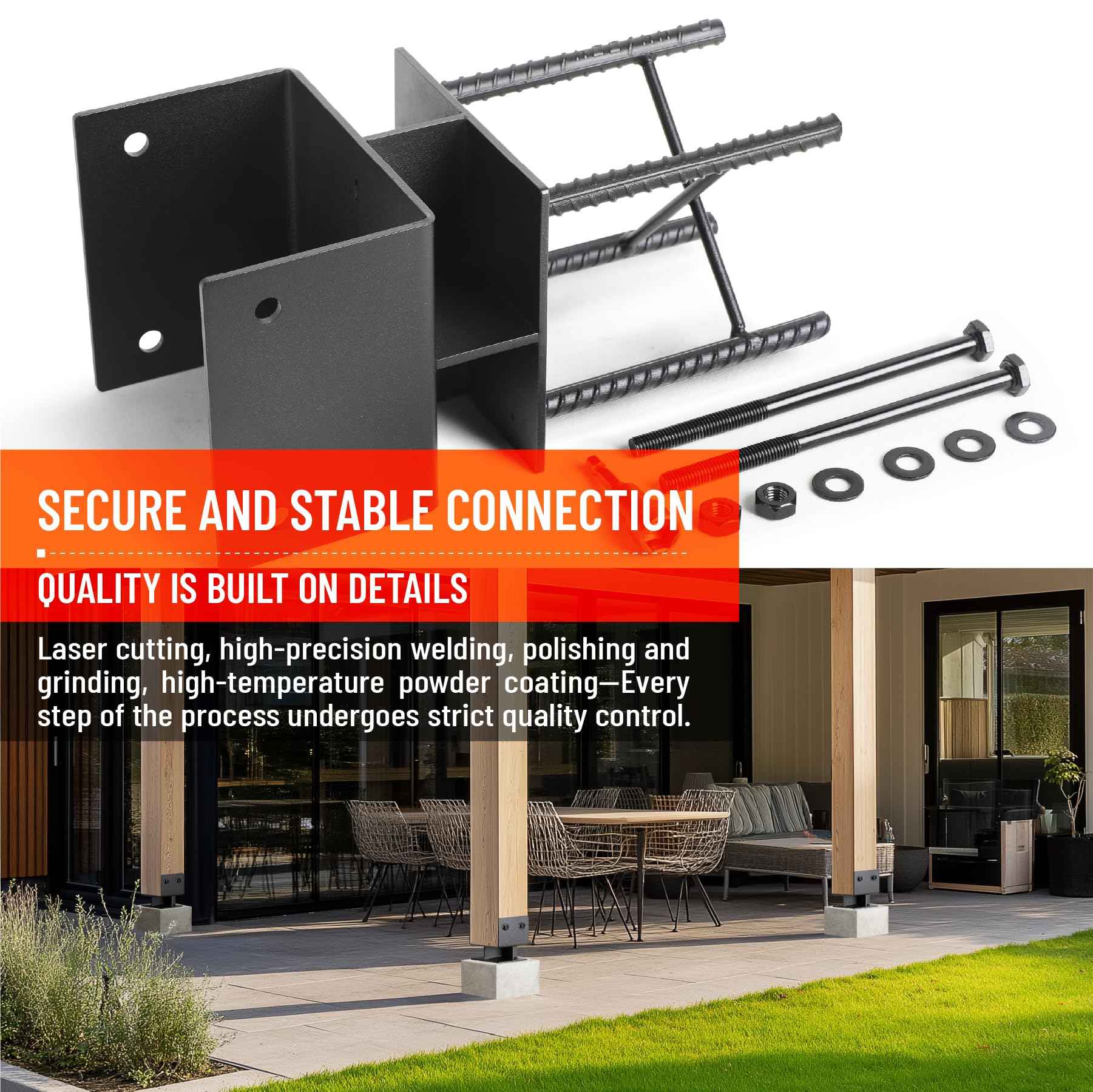 Uphode 1Pack 8"x8"(Actual 7.5"x7.5") Wooden Post Base for Concrete, U-Shape Fence Post Holder Bracket Bracket Black, Wet Set Concrete Post Anchor Stainless Steel