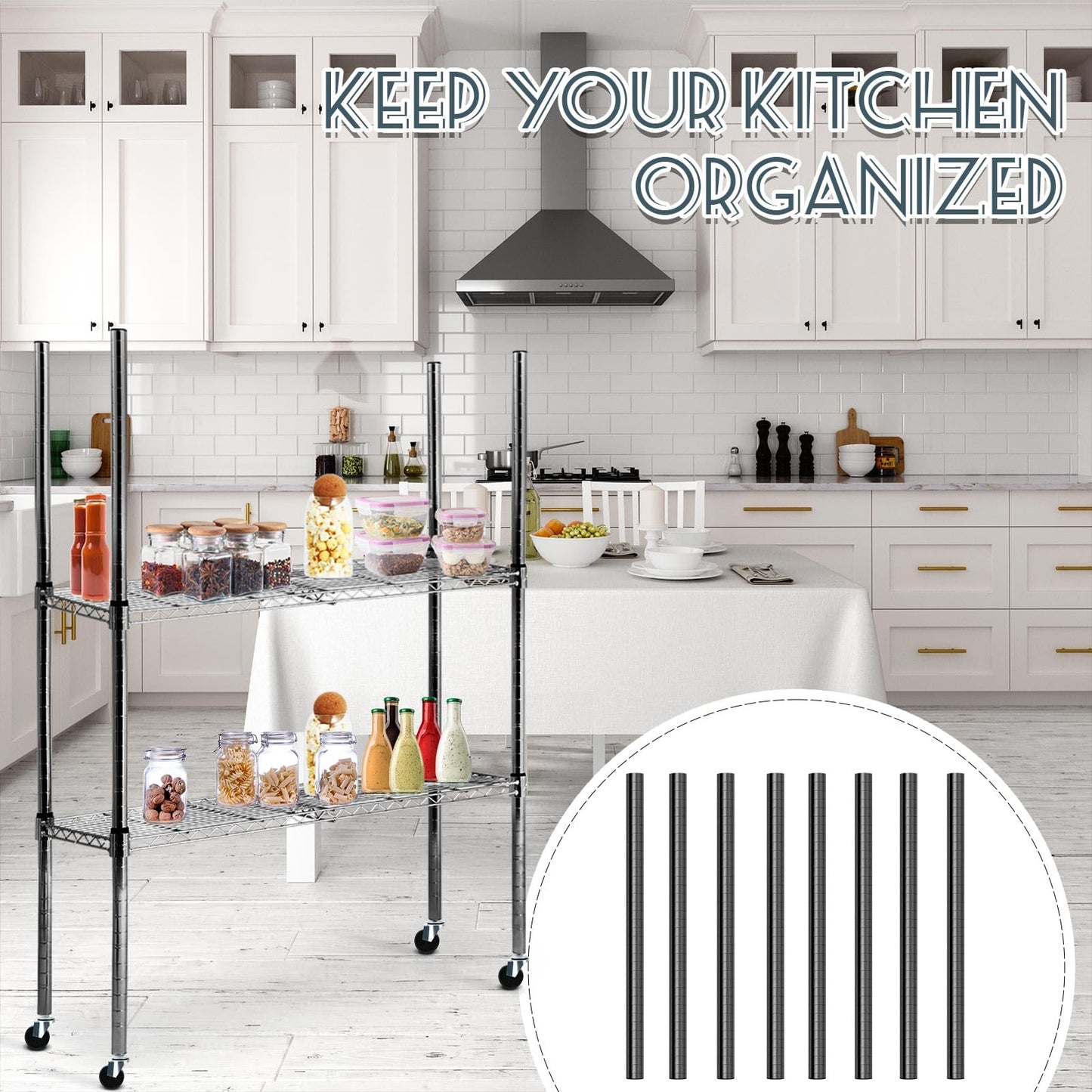 Yaocom Set of 4 Wire Shelving Poles with 50 Pcs Plastic Shelf Clips Chrome Posts with Caster Wheels Parts for 1 Post Rack Accessories Replacement(Black,74 Inch)