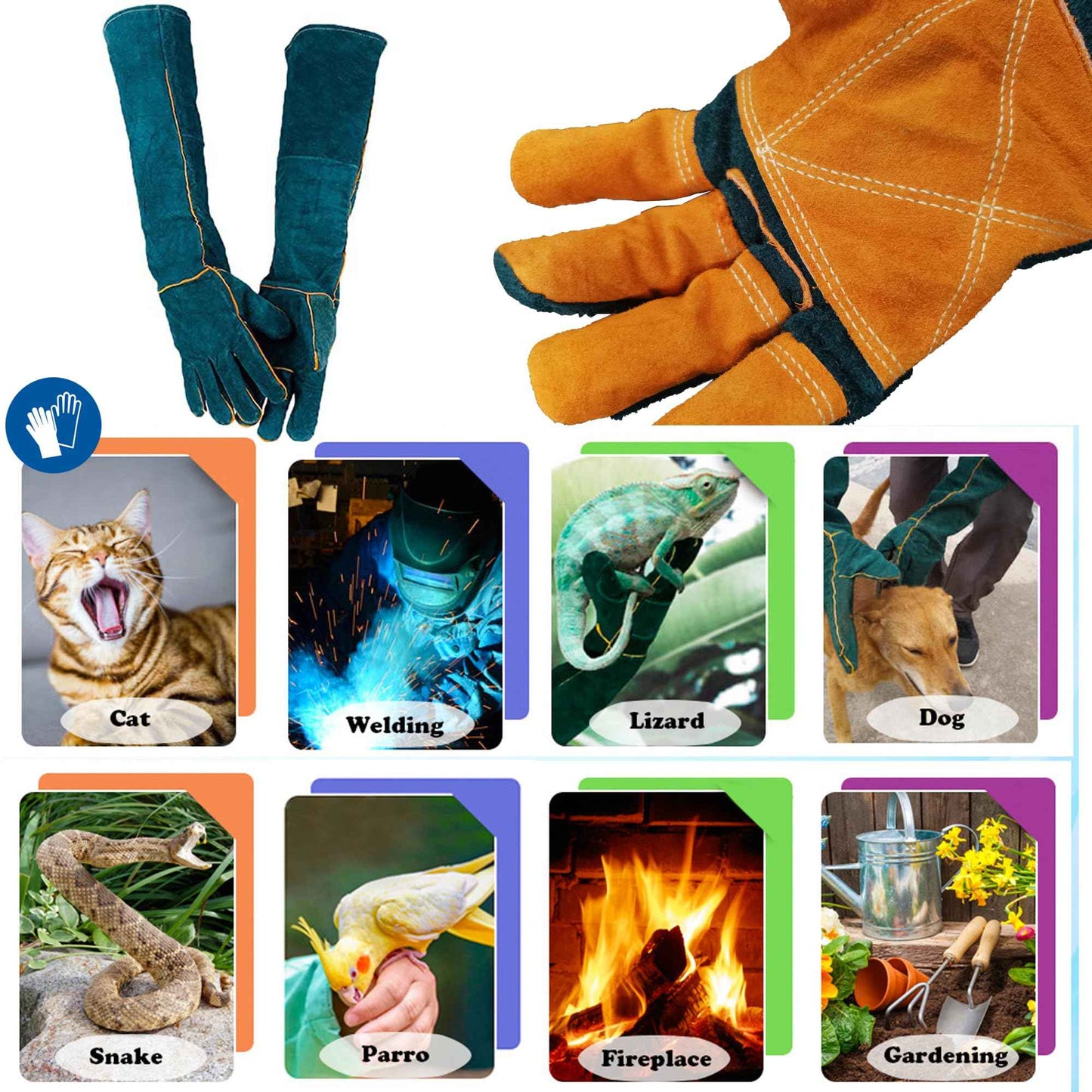FelRelWel Animal Handling Gloves,23.6" Long Sleeves Gauntlet,Safety Work Glove, Cowhide Leather Anti Bite Glove Confront Pet Cat Bird Bite,Proof Gloves for Dogs Training, Dark Green,1 Pair