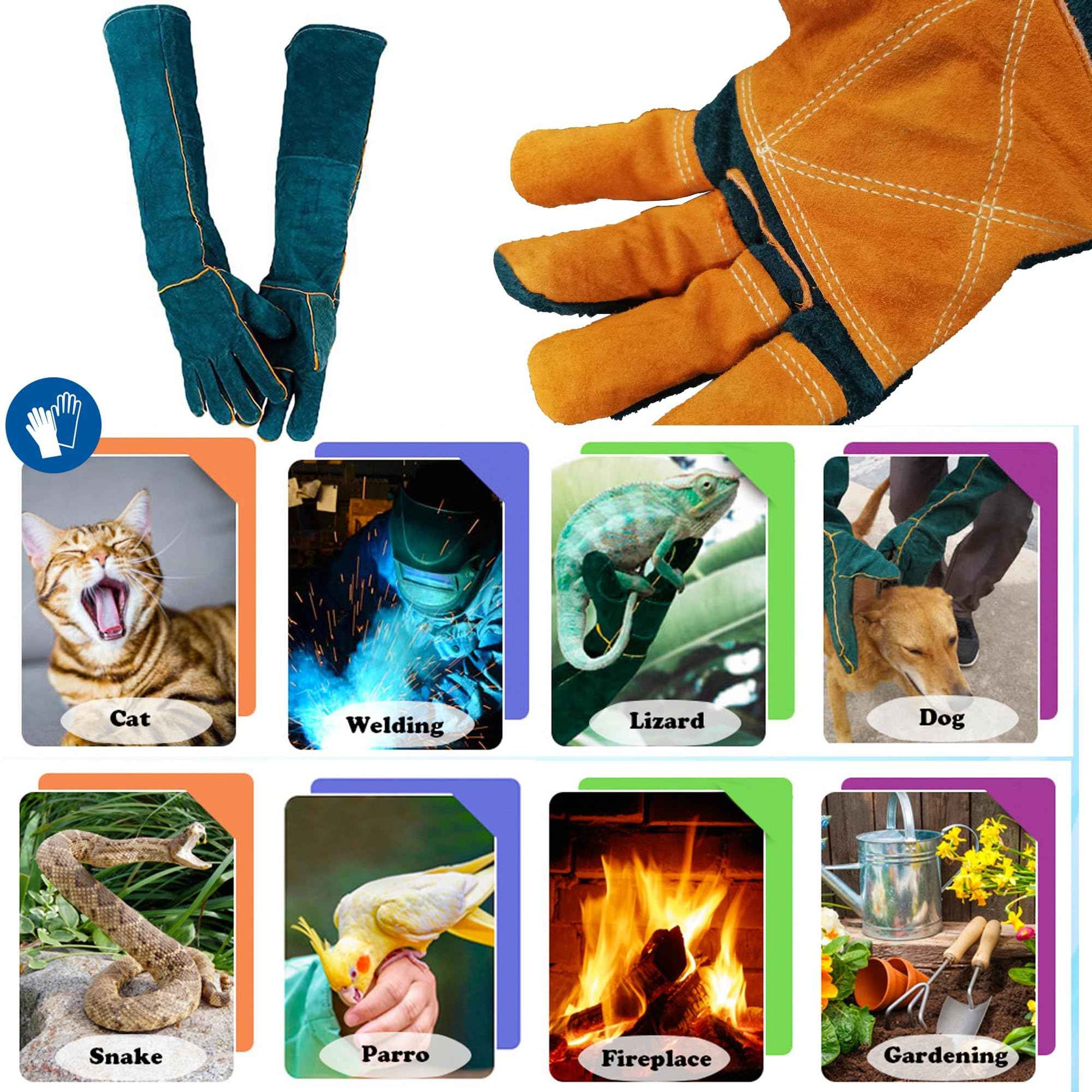 FelRelWel Animal Handling Gloves,23.6" Long Sleeves Gauntlet,Safety Work Glove, Cowhide Leather Anti Bite Glove Confront Pet Cat Bird Bite,Proof Gloves for Dogs Training, Dark Green,1 Pair