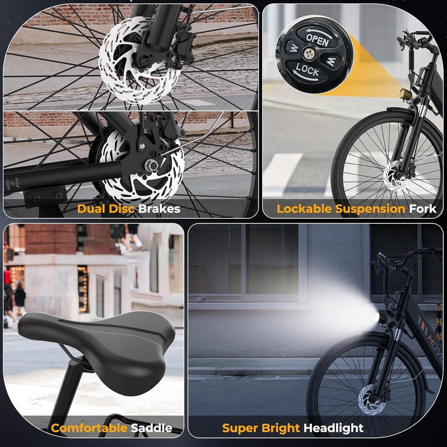 Movcan V80 Electric Bike - 1000W Motor, 28MPH City Cruiser | 48V 13Ah Battery, 70 Miles Range, 7-Speed