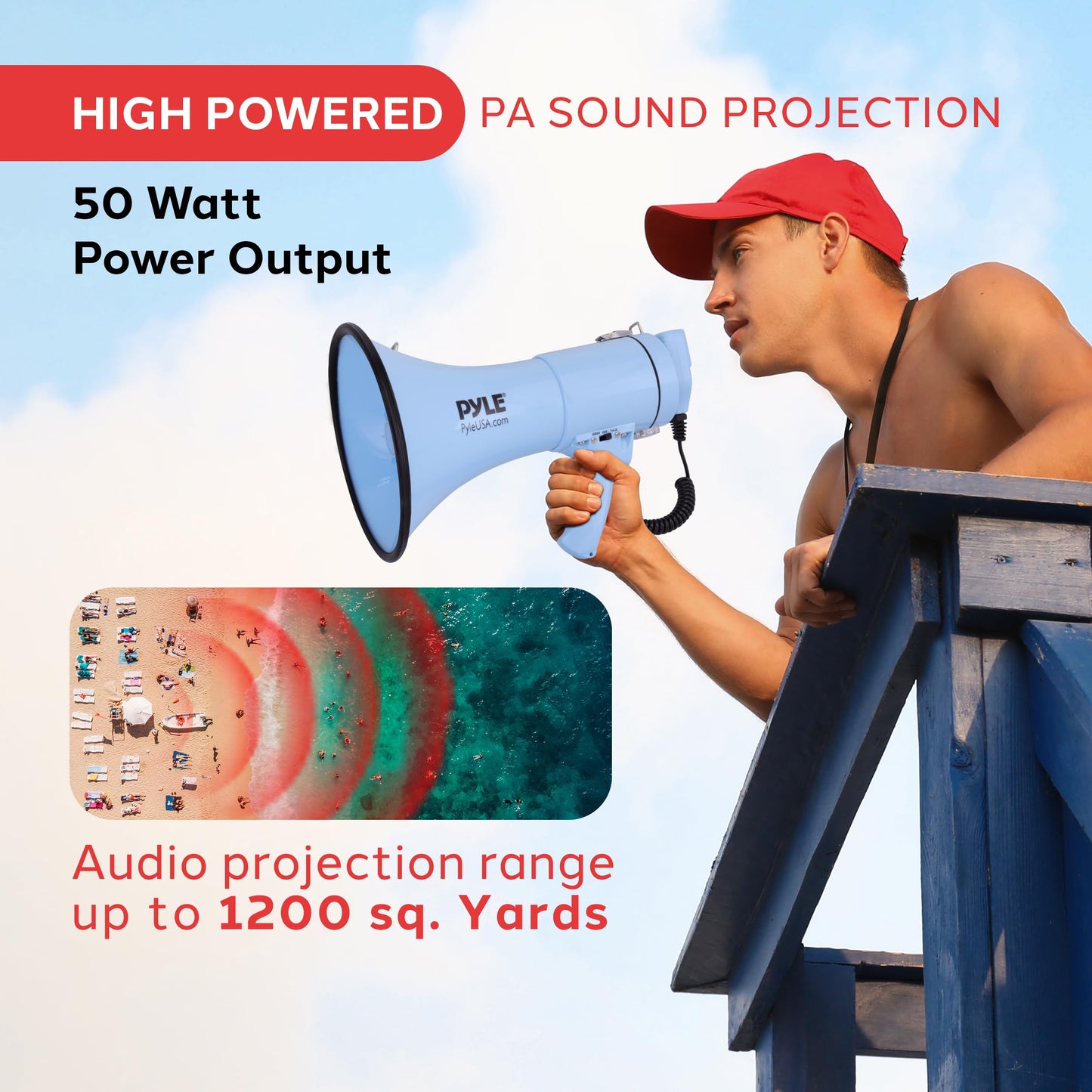 Pyle 50W Megaphone Bullhorn - Portable, Automatic Siren & Adjustable Volume, Projection Range Up to 1200 Square Yards, Aux Input, Talk, Siren, Music, Whistle, & Record, Shoulder Strap