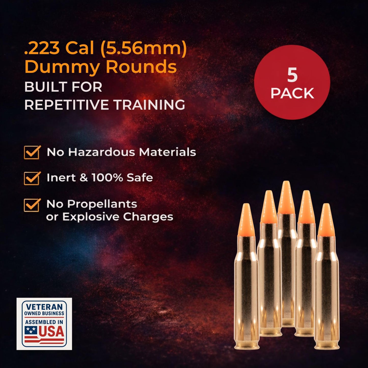 S.T. Action Pro 223 Cal / 5.56 MM Dummy Rounds – Orange Safety Trainer Dummy Rounds, Reusable Dry Fire Training Ammunition (5-Pack) for Gun Owners - Veteran-Owned, Assembled in the USA