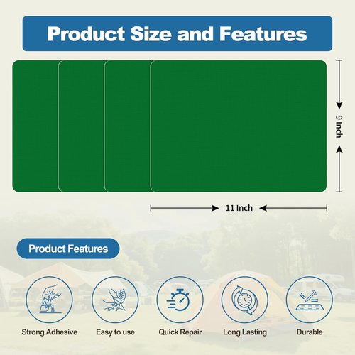 KING MOUNTAIN Self-Adhesive Nylon Fabric Repair Patch - 9x11 Inches, 4 Pcs, Waterproof Outdoor Gear Repair Kit (Grass Green)