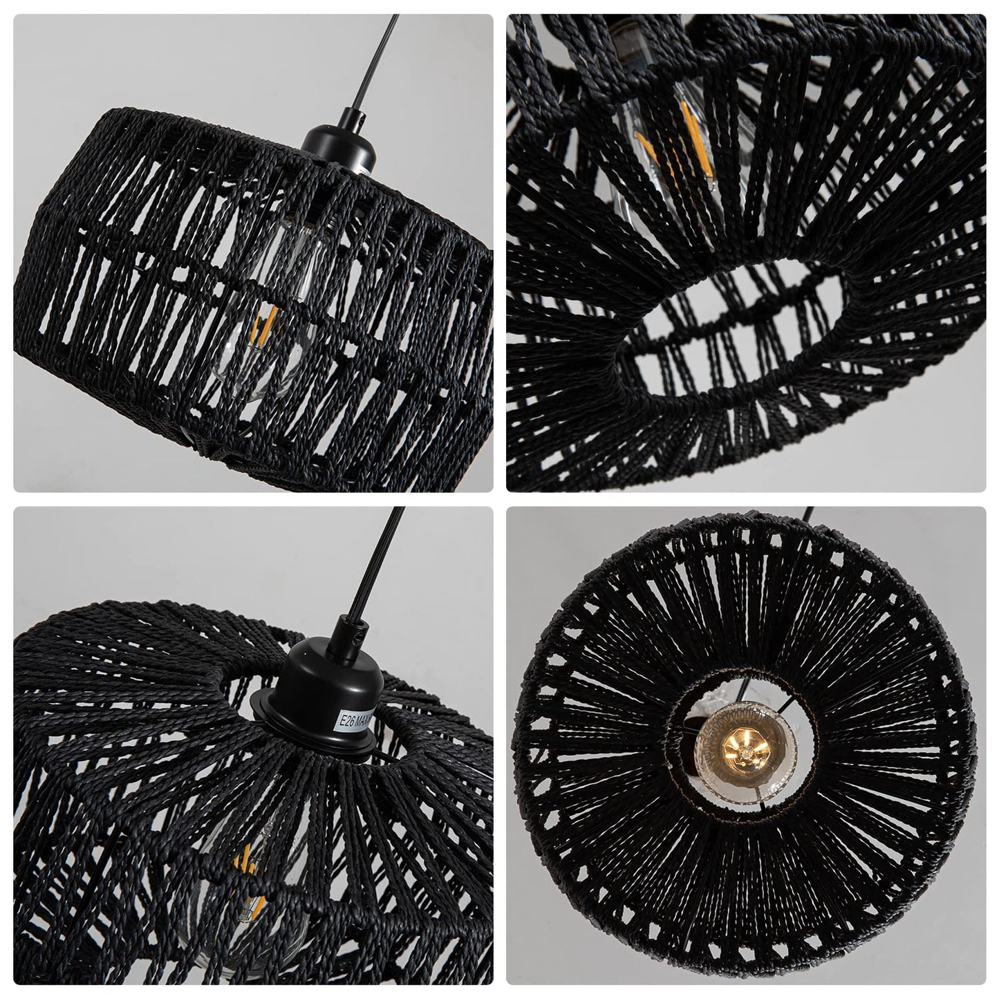 YongMing CL 11.42’’ Black Woven Plug in Pendant Light Fixture, Rustic Round Ceiling Hanging Light with Plug in Cord & On/Off Switch for Entry Bedroom Kitchen Island Living Dining Room Foyer