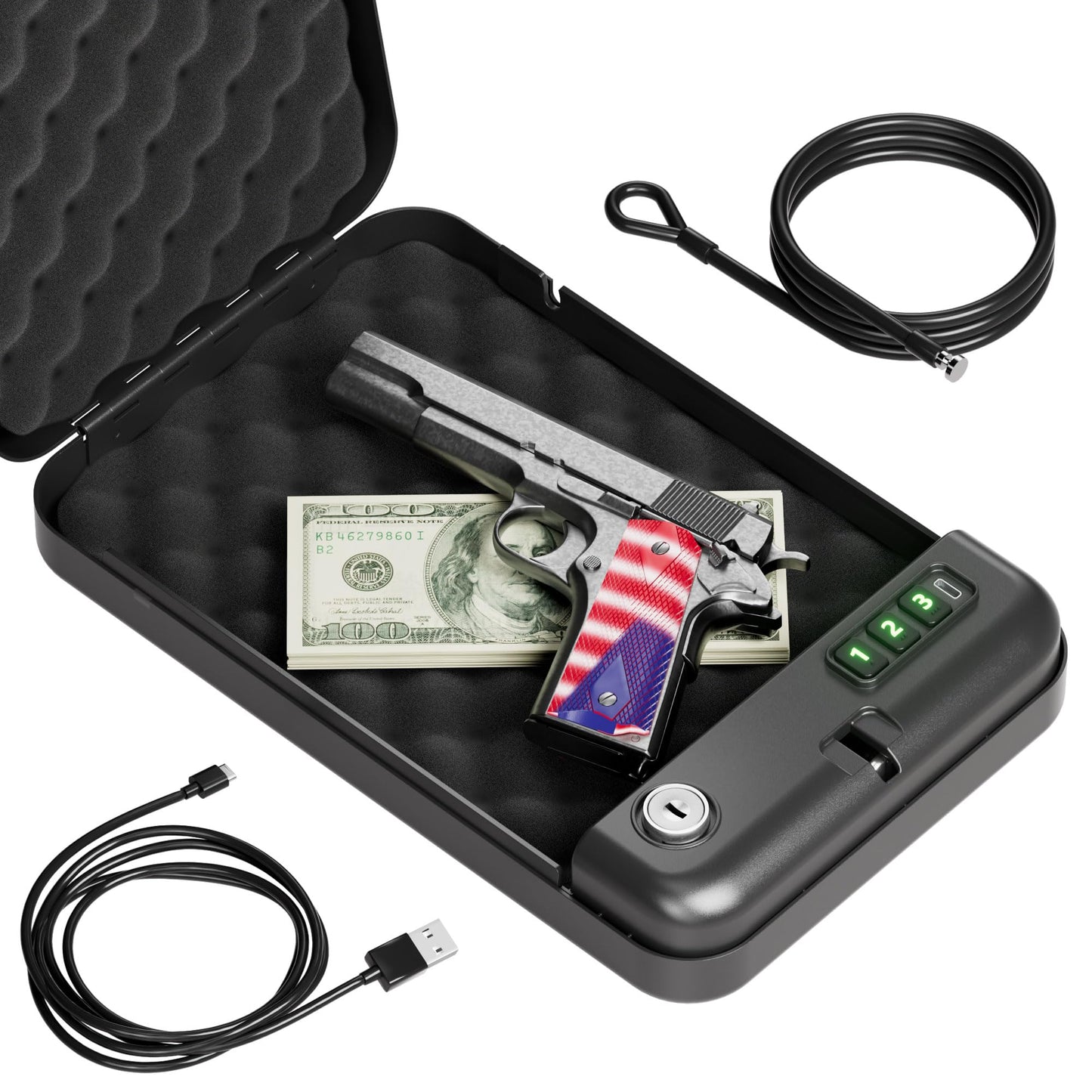 Grimtron Portable Electronic Car Gun Safe for Handgun with Security Cable