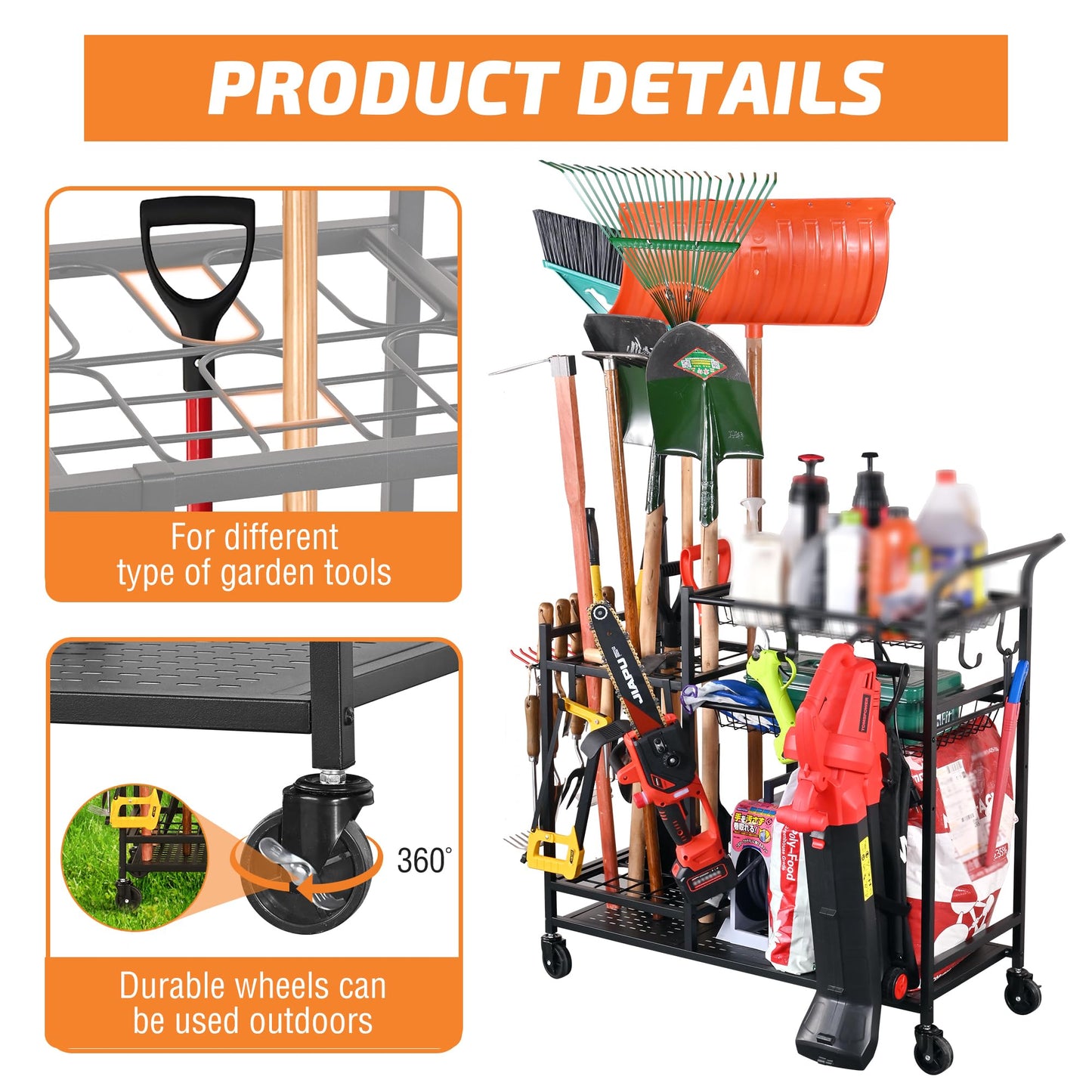 PLKOW Rolling Garden Tool Organizer with Shelves and Hooks, Black