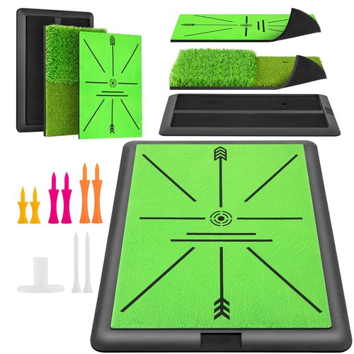 Golf Hitting Mat, Golf Mats Practice Outdoor Indoor for Swing Path Feedback Detection Batting, 16.54'' x 12.6'' Artificial Dual Turf Golf Mat with Tees for Training, Driving, Chipping