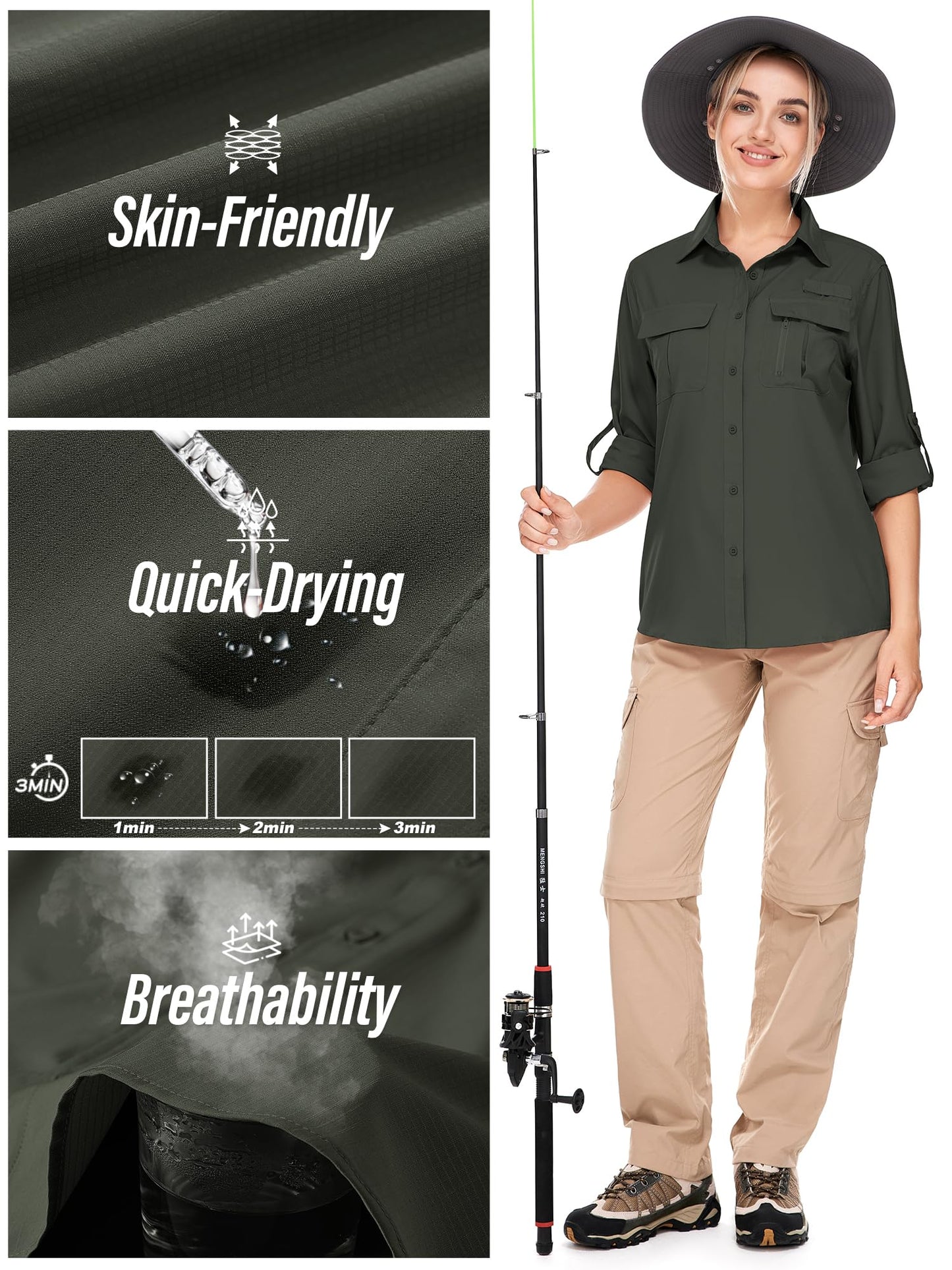 Toumett Women's UPF 50 Long Sleeve UV Sun Protection Safari Shirts Outdoor Quick Dry Fishing Hiking Travel Shirts(Amy Green,L,5071)