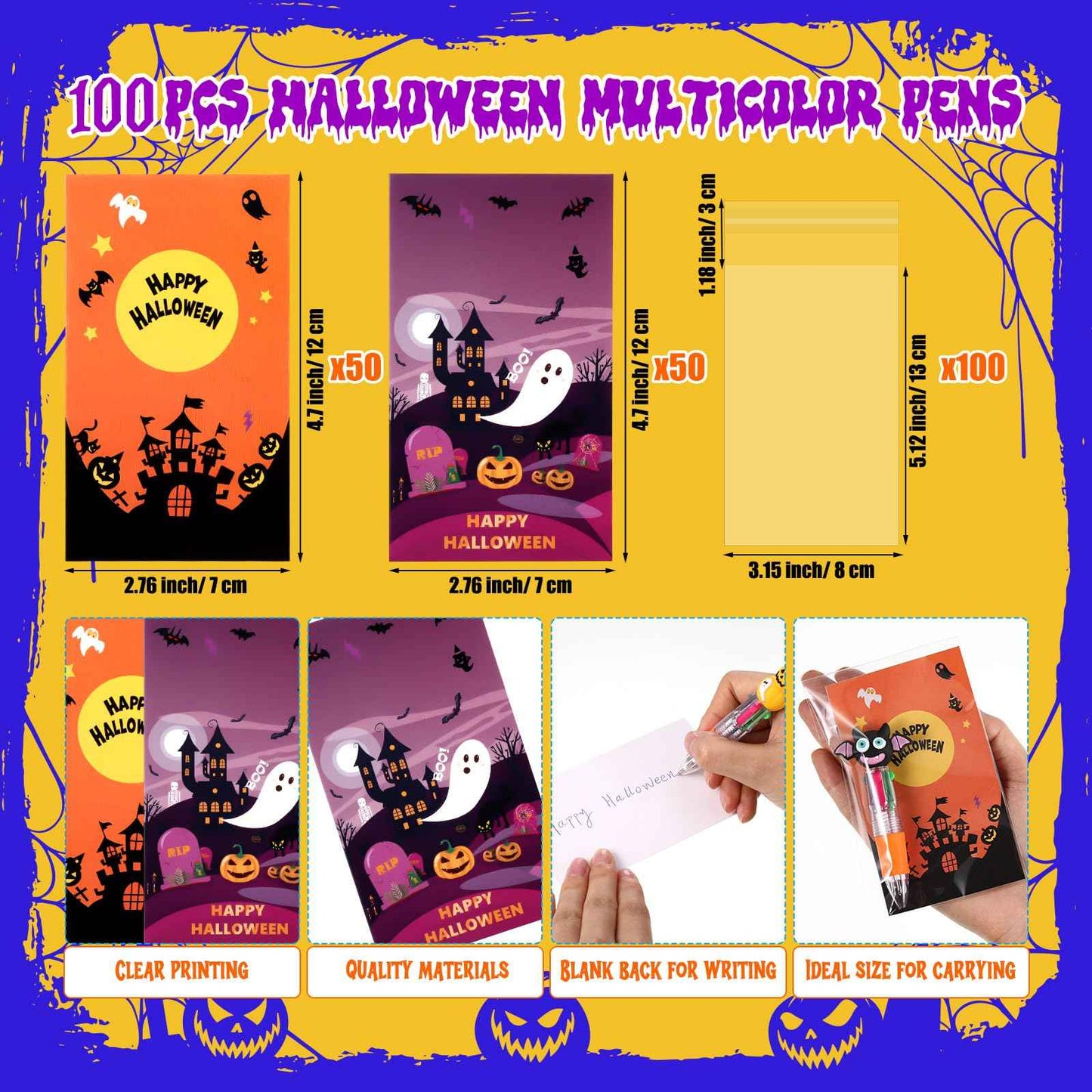 Gilprop 100 Set Multicolor Halloween Retractable Ballpoint Pens 0.7 mm 4-in-1 Halloween Pumpkins Writing Pen with Gift Card Bags for Trick or Treat Party Favors Students Kids School Office Gifts