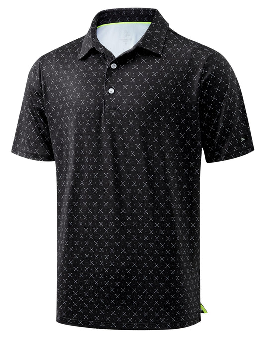 Obla Mens Golf Polo Shirts Short Sleeve Dry Fit Performance Moisture Wicking Casual Print Collared Golf Shirts for Men (Black Golf Clubs_L)