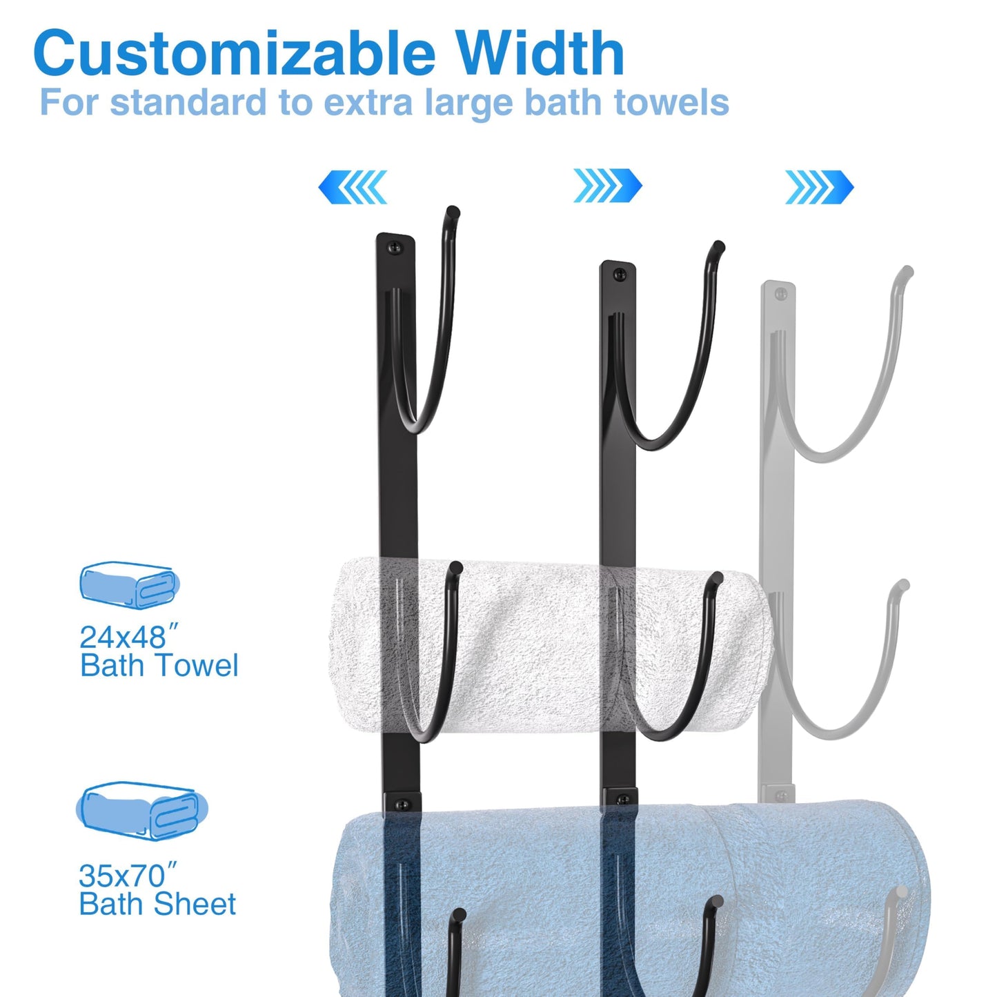 Bathroom Rolled Towel Rack: 4-Tier Wall Mounted Towel Storage Holder, Hanging Organizer for Towels, Blankets, Large Bath Sheets, Space Saving in RV, Closet, Toilet, Cabinet, Black Metal