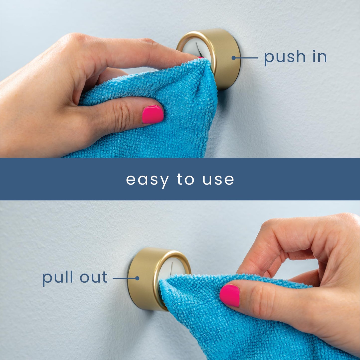 S&T INC. Round Adhesive Push Towel Hooks for Kitchen, Hand and Dish Towels, Brushed Gold, 4 Pack